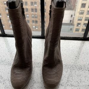 Via Spiga taupe faux python booties with side buckle